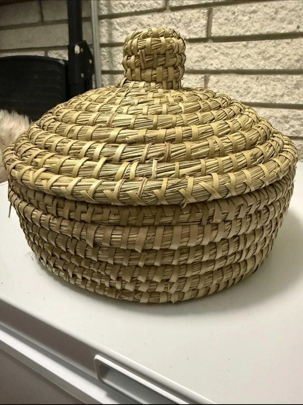 Handwoven Natural Straw Lidded Basket - Bread Warmer with stone